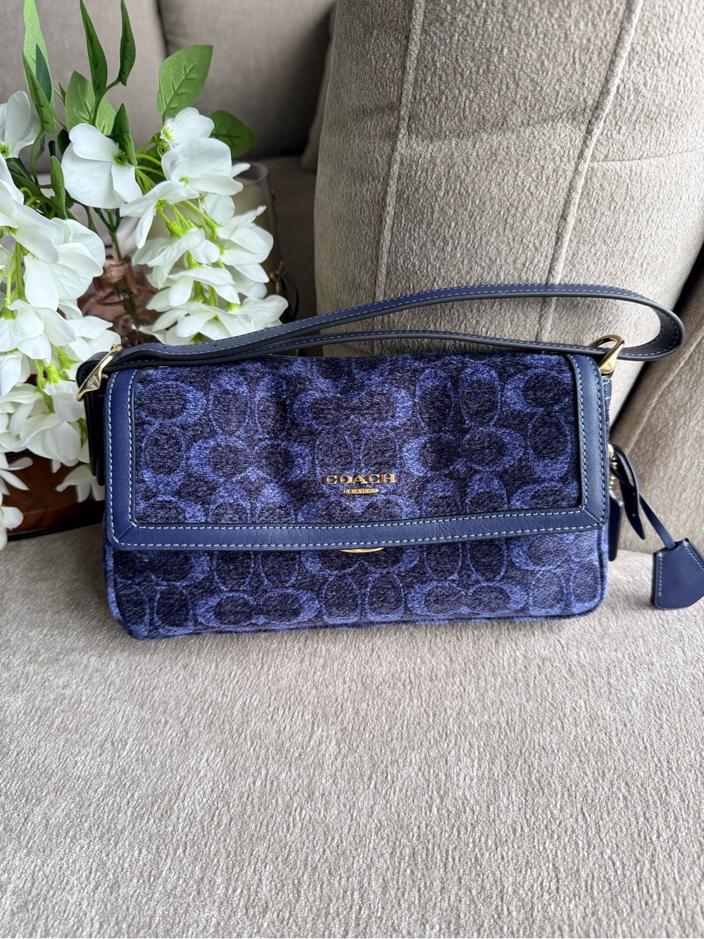 Coach Signature Monogram Blue Chenille Etta Shoulder Bag with Gold Logo NWT